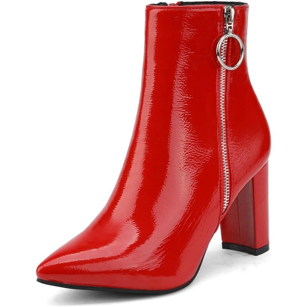 Dream Pairs Women's Red/Pat-3 Pointed Toe Fur Lining Block Heel Ankle Booties